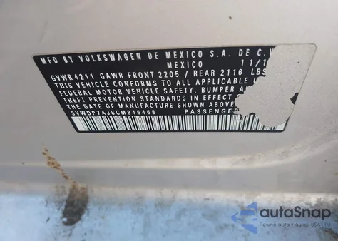 2012 Volkswagen Jetta 2.5L Se from USA, damaged, VIN 3VWDP7AJ8CM346468